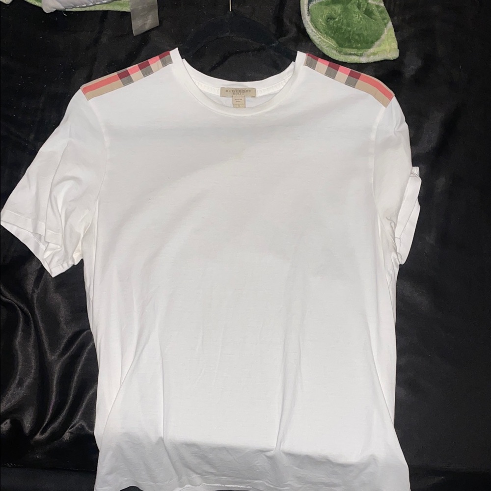 White Burberry T-Shirt with Plaid Shoulder Accents